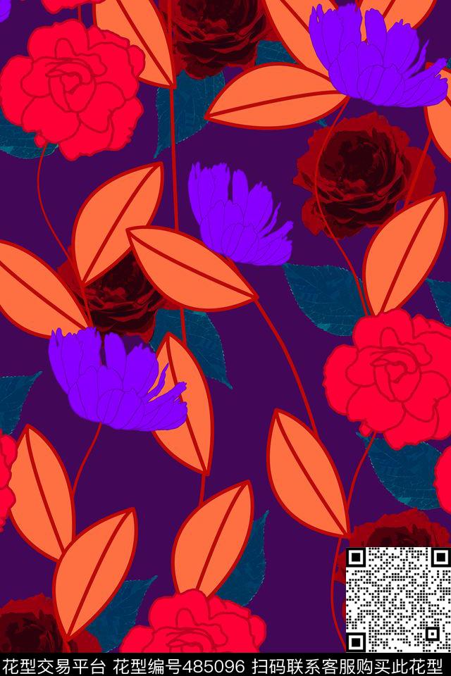 流行配色手绘花卉简笔植物数码印花华亿平台下载（图片编号: 485096） - 瓦栏（Walan）