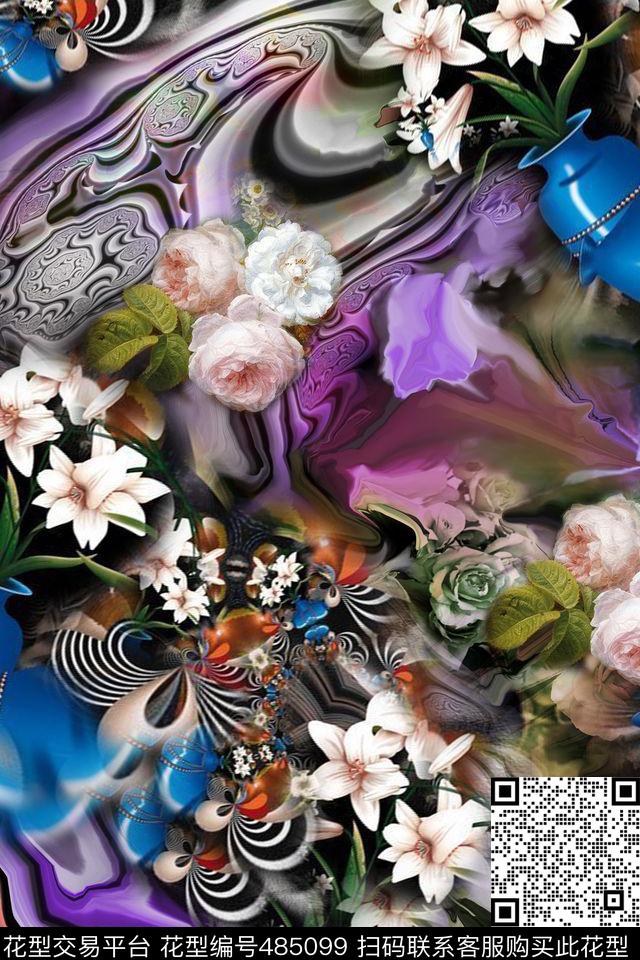 时尚大气花卉抽象底纹数码印花华亿平台下载（图片编号: 485099） - 瓦栏（Walan）