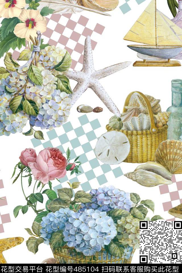 时尚贝壳花卉数码印花华亿平台下载（图片编号: 485104） - 瓦栏（Walan）