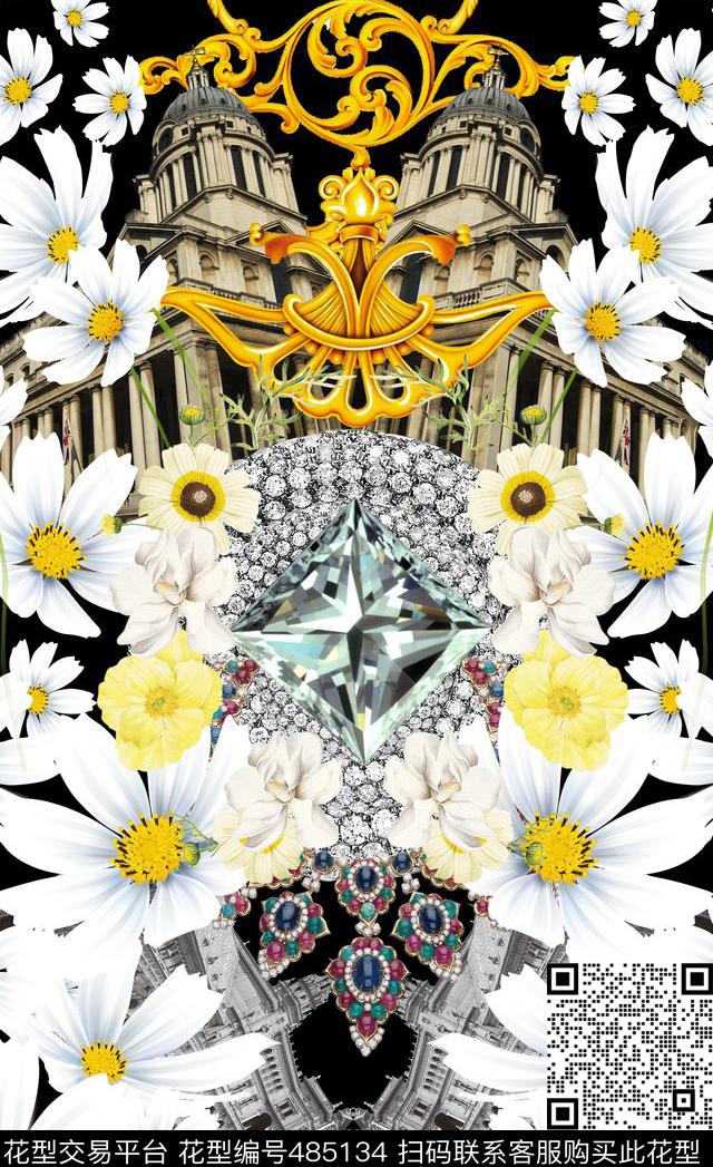 潮流时尚定位菊花金属花边数码印花华亿平台下载（图片编号: 485134） - 瓦栏（Walan）