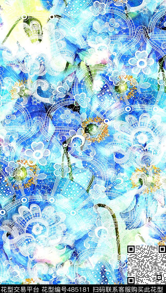 流行时尚蕾丝手绘花卉欧美数码印花华亿平台下载（图片编号: 485181） - 瓦栏（Walan）