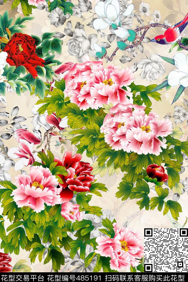 中国风工笔画花鸟画数码印花华亿平台下载（图片编号: 485191） - 瓦栏（Walan）