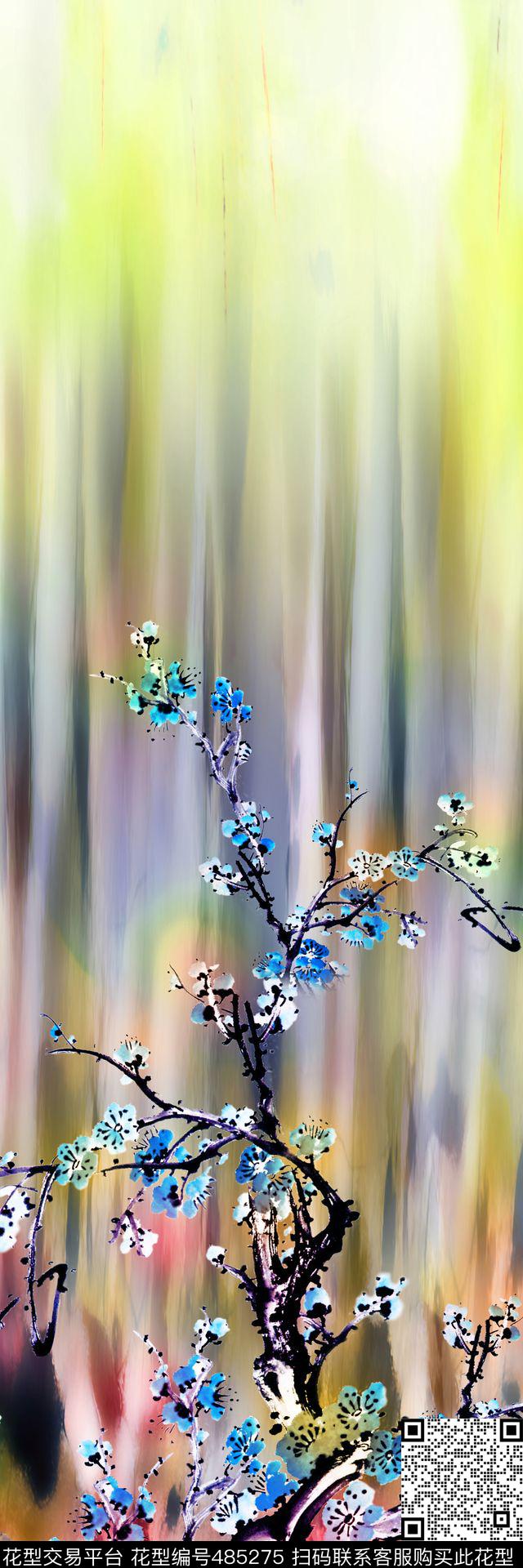 写意花卉梅花数码印花华亿平台下载（图片编号: 485275） - 瓦栏（Walan）