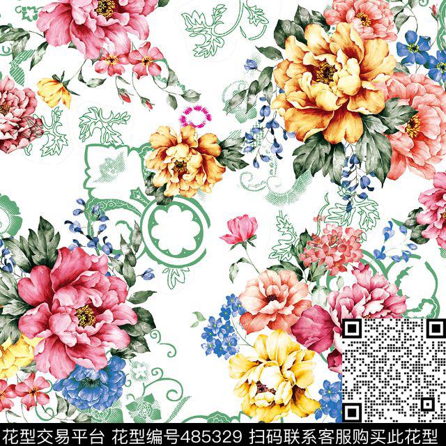 花卉女装手绘水粉花卉数码印花华亿平台下载（图片编号: 485329） - 瓦栏（Walan）