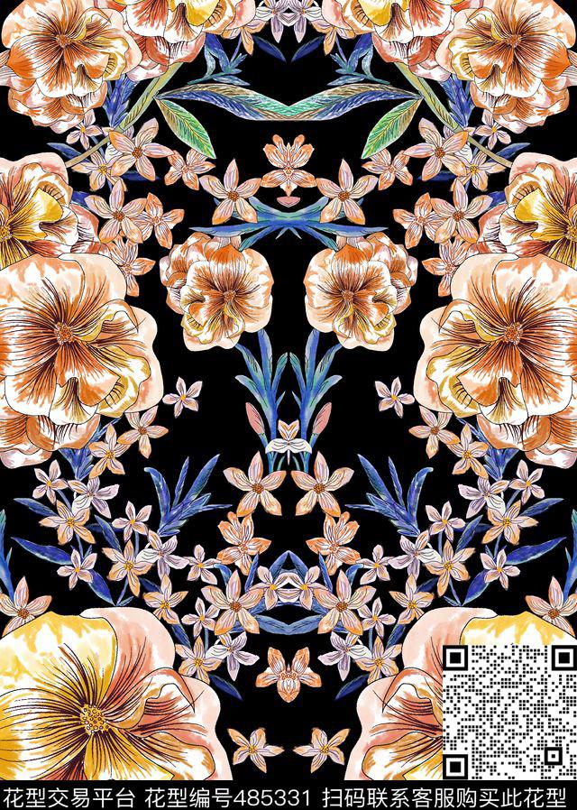 大花朵定位手绘数码印花华亿平台下载（图片编号: 485331） - 瓦栏（Walan）