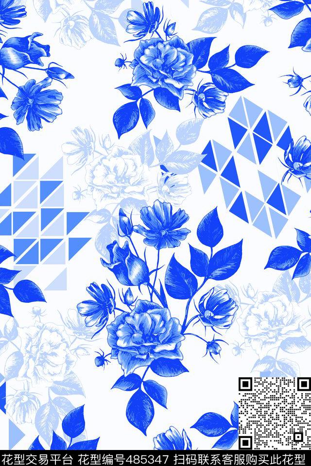 青花瓷中国风几何三角形手绘花卉青花瓷中国风几何三角形手绘花卉时尚素雅走秀H【抽象】数码印花华亿平台下载（图片编号: 485347） - 瓦栏（Walan）