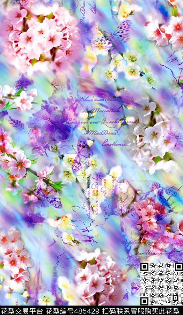 流行时尚欧美字母幻彩底纹桃花朵朵数码印花华亿平台下载（图片编号: 485429） - 瓦栏（Walan）
