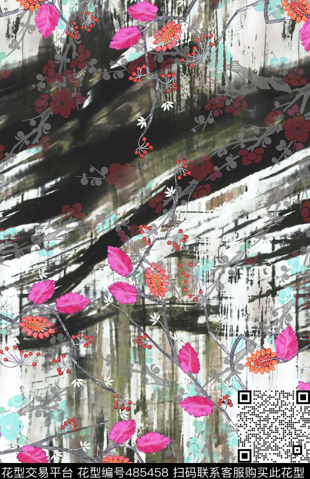 朦胧水墨花卉数码印花华亿平台下载（图片编号: 485458） - 瓦栏（Walan）
