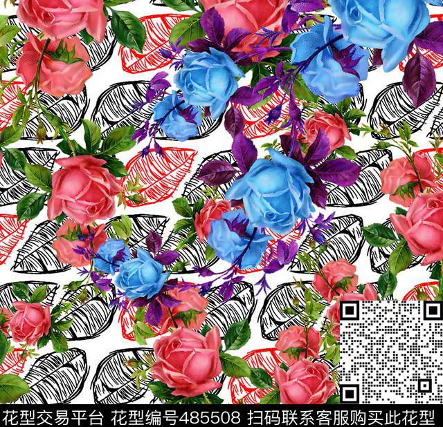 叶子玫瑰简笔数码印花华亿平台下载（图片编号: 485508） - 瓦栏（Walan）