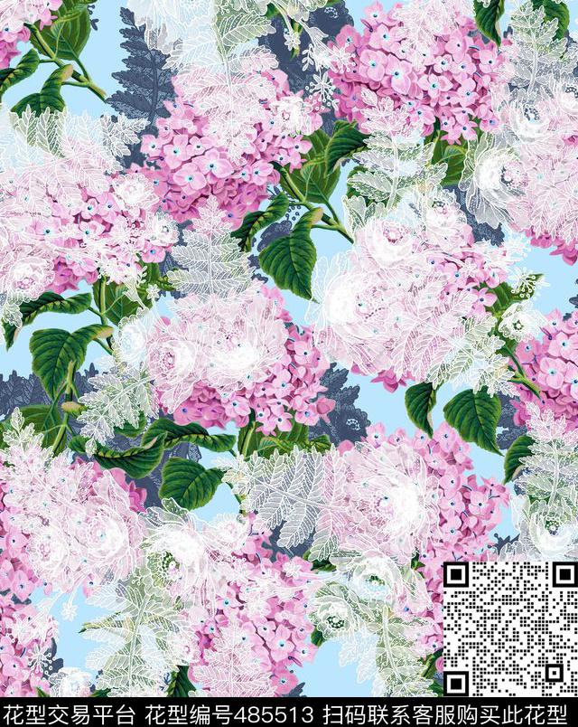 蕾丝绣球花花卉碎花年轻时尚数码印花华亿平台下载（图片编号: 485513） - 瓦栏（Walan）