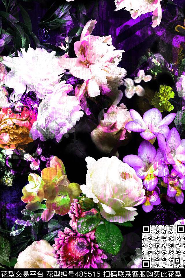 欧美时尚数码华亿平台写实花卉油画风格数码印花华亿平台下载（图片编号: 485515） - 瓦栏（Walan）