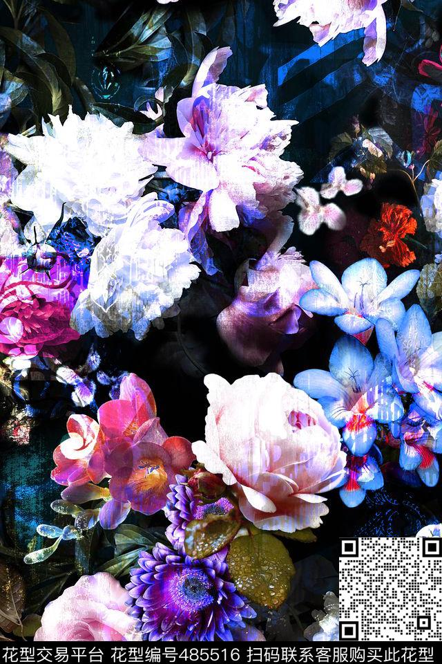欧美时尚数码华亿平台写实花卉油画风格数码印花华亿平台下载（图片编号: 485516） - 瓦栏（Walan）