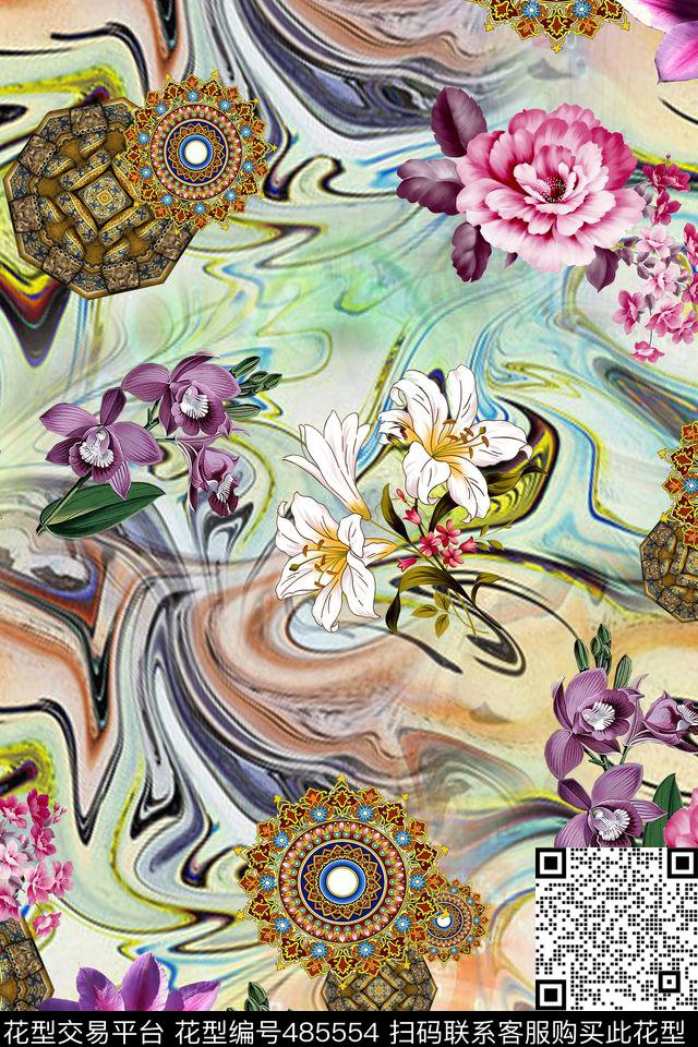 肌理底纹花卉组合欧式复古图案数码印花华亿平台下载（图片编号: 485554） - 瓦栏（Walan）