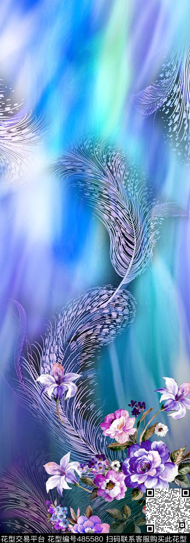 写意花卉羽毛数码印花华亿平台下载（图片编号: 485580） - 瓦栏（Walan）