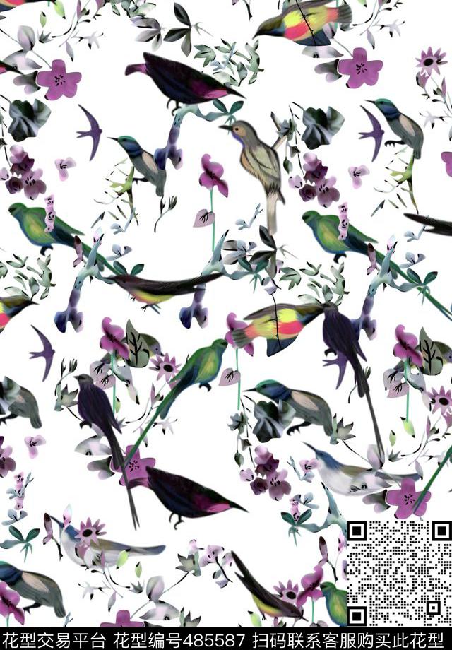 鸟时尚手绘数码印花华亿平台下载（图片编号: 485587） - 瓦栏（Walan）