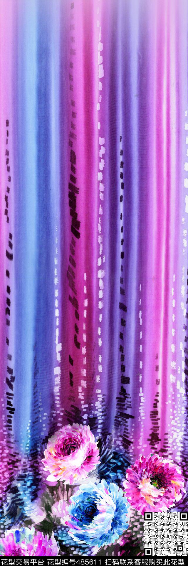 写意花卉线条数码印花华亿平台下载（图片编号: 485611） - 瓦栏（Walan）