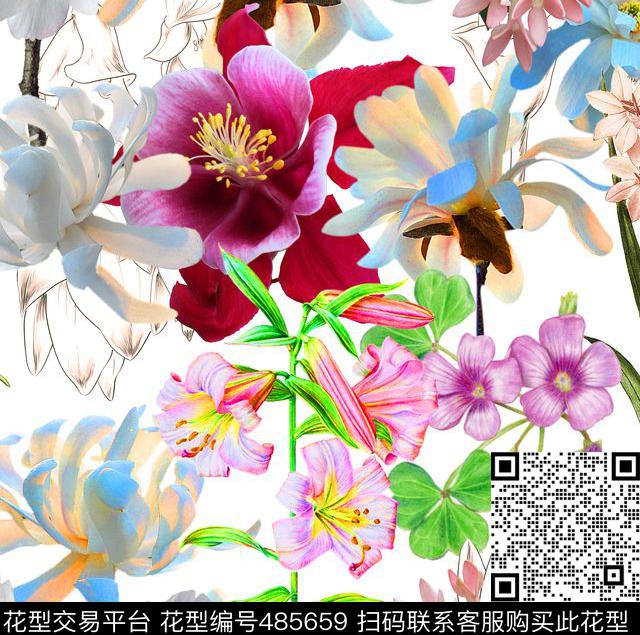流行时尚欧美手绘鲜花数码印花华亿平台下载（图片编号: 485659） - 瓦栏（Walan）