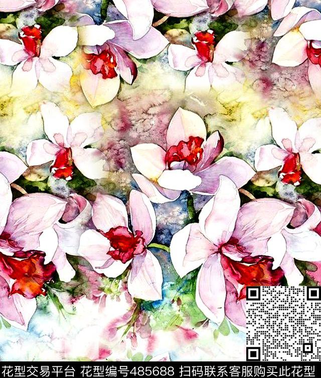 水彩手绘花卉红白小花数码印花数码印花华亿平台下载（图片编号: 485688） - 瓦栏（Walan）