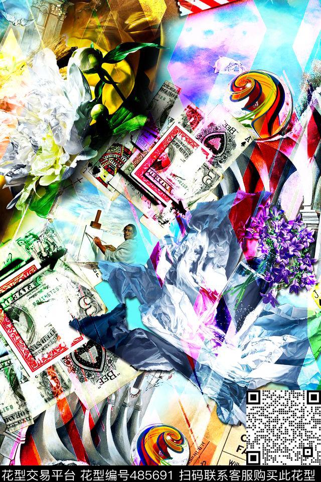 钞票抽象分形数码印花华亿平台下载（图片编号: 485691） - 瓦栏（Walan）