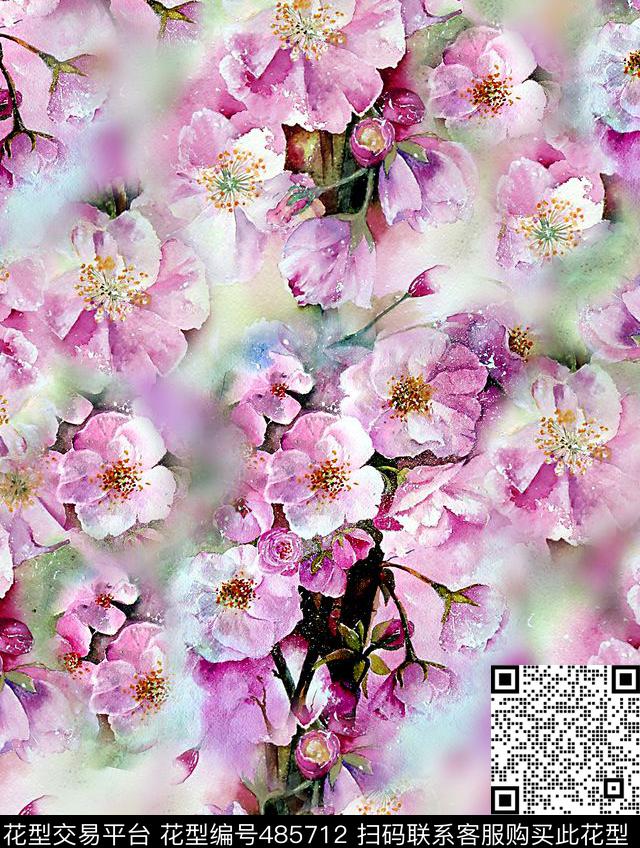 水彩花卉云纹底满花数码印花华亿平台下载（图片编号: 485712） - 瓦栏（Walan）
