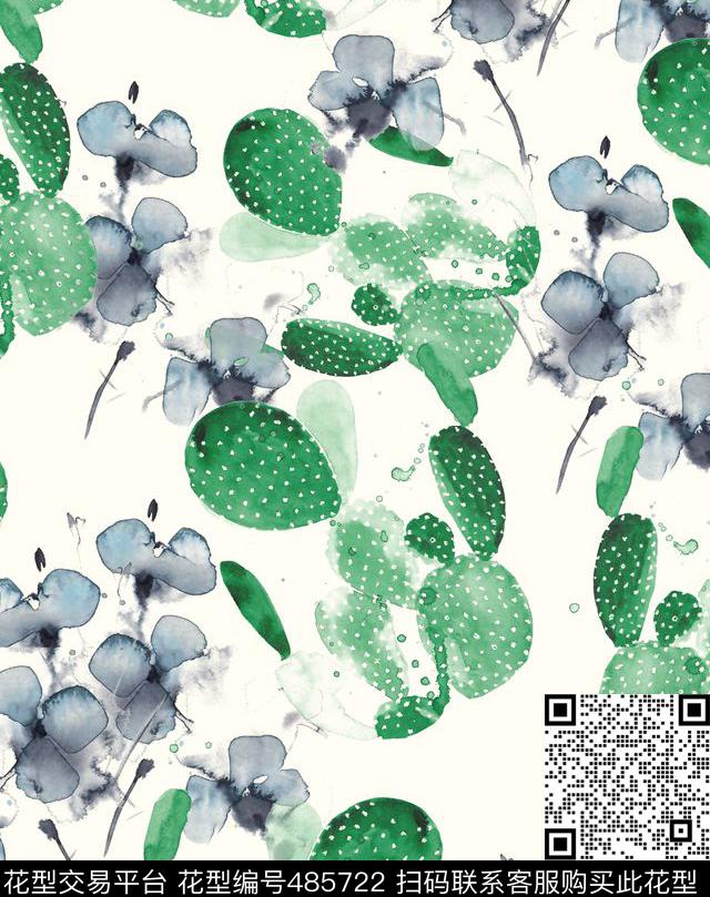 手绘仙人掌花卉清新淡雅数码印花华亿平台下载（图片编号: 485722） - 瓦栏（Walan）