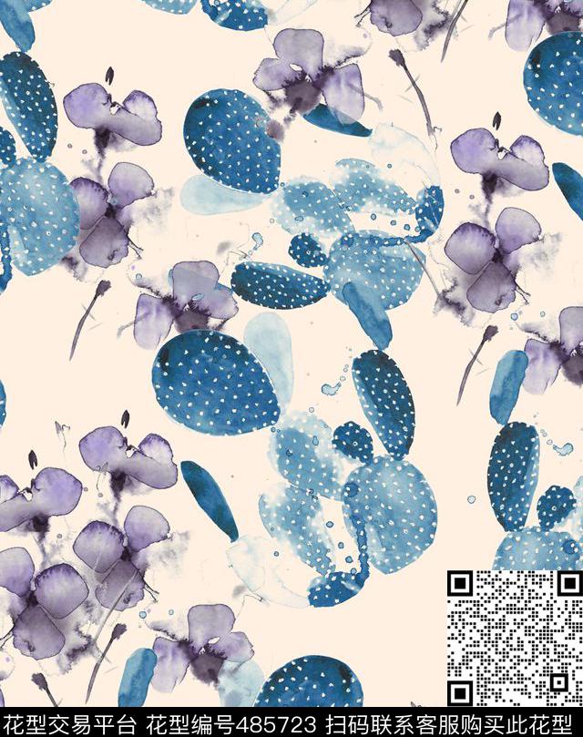 手绘仙人掌花卉清新淡雅数码印花华亿平台下载（图片编号: 485723） - 瓦栏（Walan）