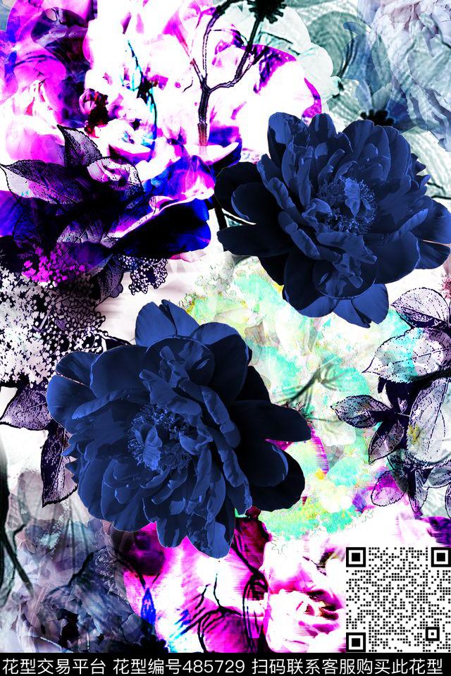 抽象花卉女士休闲装围巾数码印花华亿平台下载（图片编号: 485729） - 瓦栏（Walan）