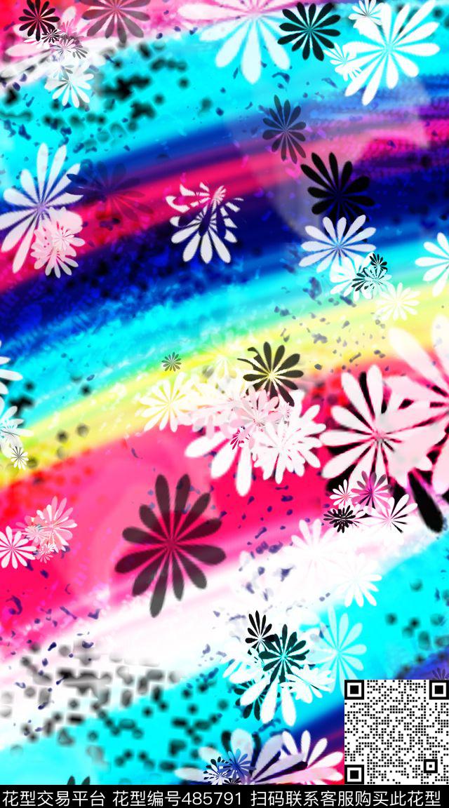 花卉渐变叠加线条、渐变、花卉大气裁片定位数码印花华亿平台下载（图片编号: 485791） - 瓦栏（Walan）