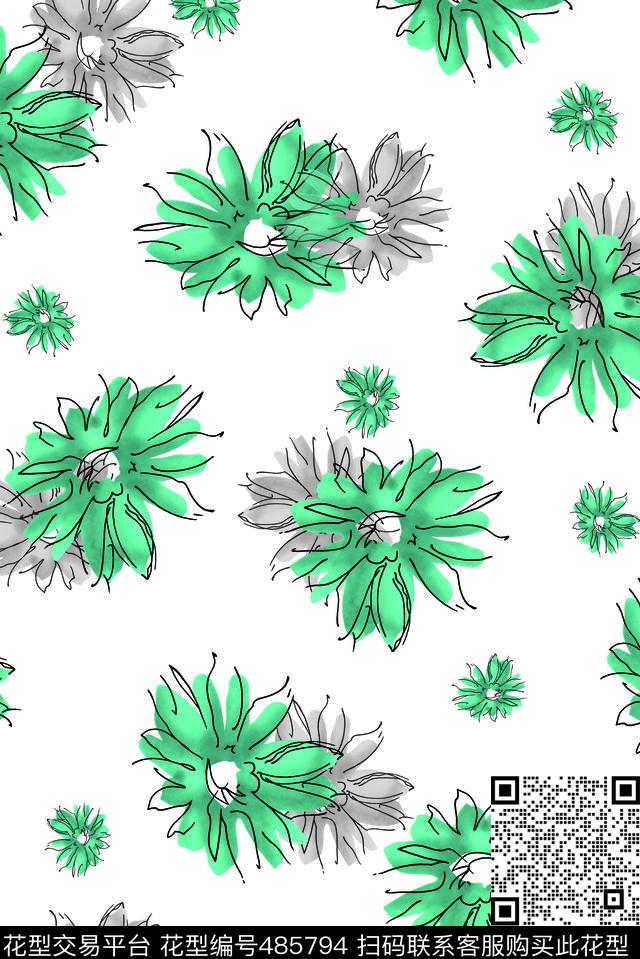花卉时尚清爽数码印花华亿平台下载（图片编号: 485794） - 瓦栏（Walan）
