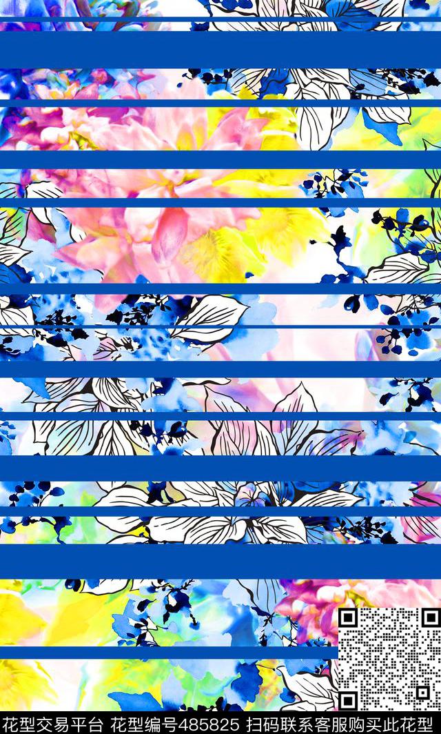 流行时尚欧美手绘花几何横纹数码印花华亿平台下载（图片编号: 485825） - 瓦栏（Walan）