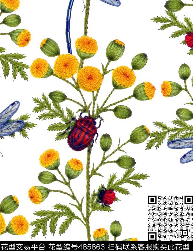 流行时尚手绘绣花昆虫野菊欧美数码印花华亿平台下载（图片编号: 485863） - 瓦栏（Walan）