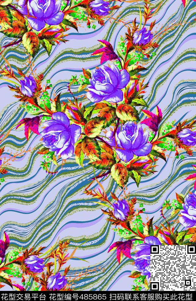 时尚波浪紫色花卉数码印花华亿平台下载（图片编号: 485865） - 瓦栏（Walan）