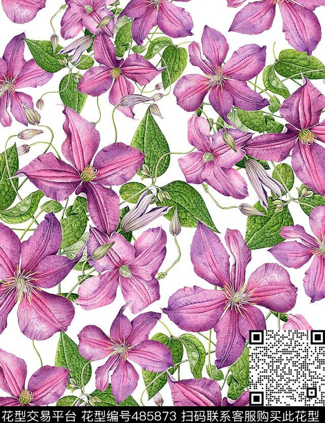 流行时尚欧美手绘紫藤花数码印花华亿平台下载（图片编号: 485873） - 瓦栏（Walan）
