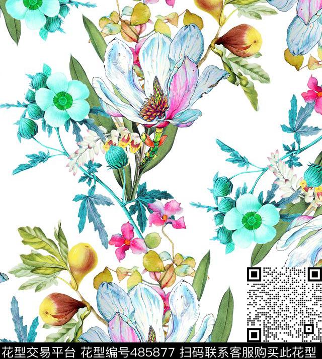 流行时尚欧美手绘彩色复古花卉数码印花华亿平台下载（图片编号: 485877） - 瓦栏（Walan）