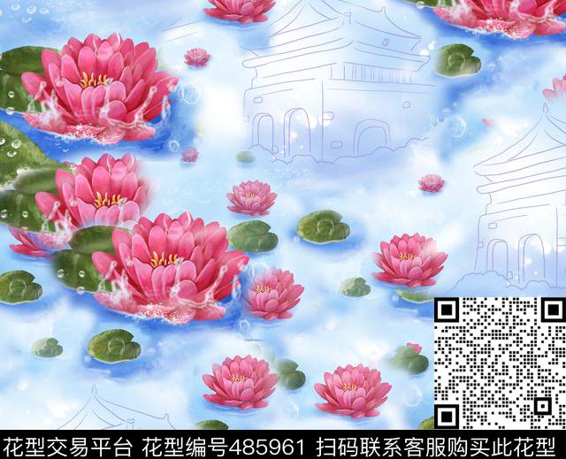 风景抽象荷叶荷花数码印花华亿平台下载（图片编号: 485961） - 瓦栏（Walan）