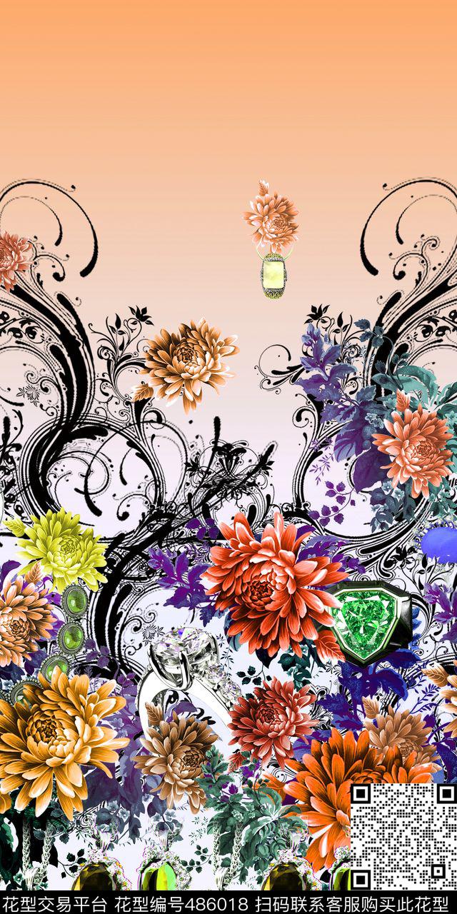 休闲花卉抽象手绘传统印花华亿平台下载（图片编号: 486018） - 瓦栏（Walan）