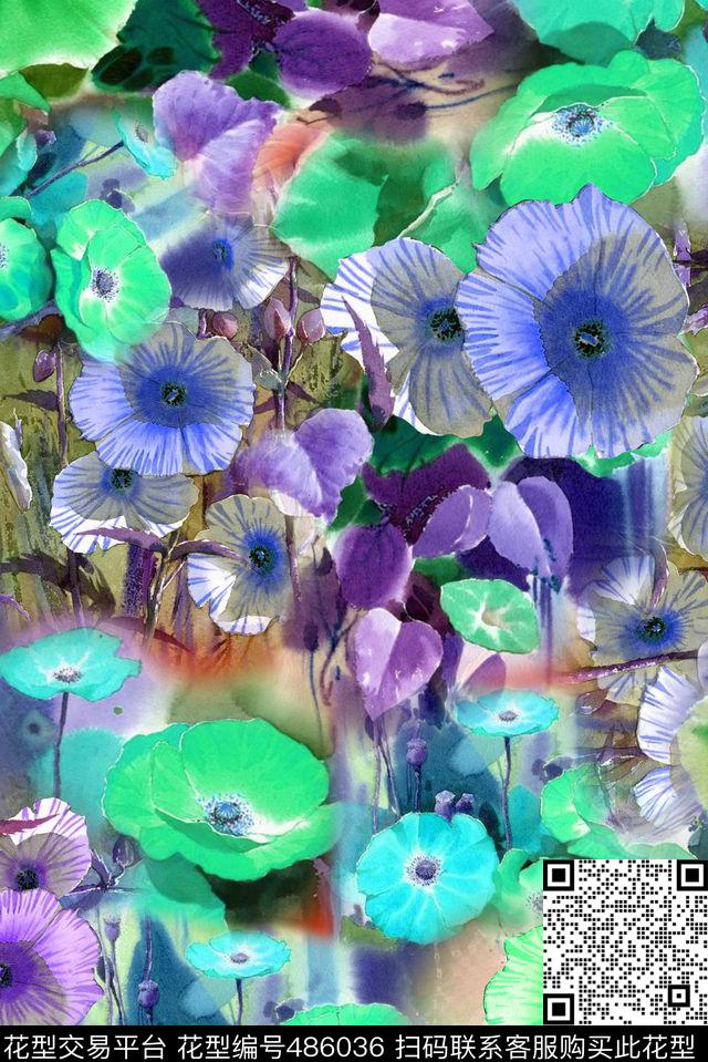 休闲手绘喇叭花手绘数码印花华亿平台下载（图片编号: 486036） - 瓦栏（Walan）