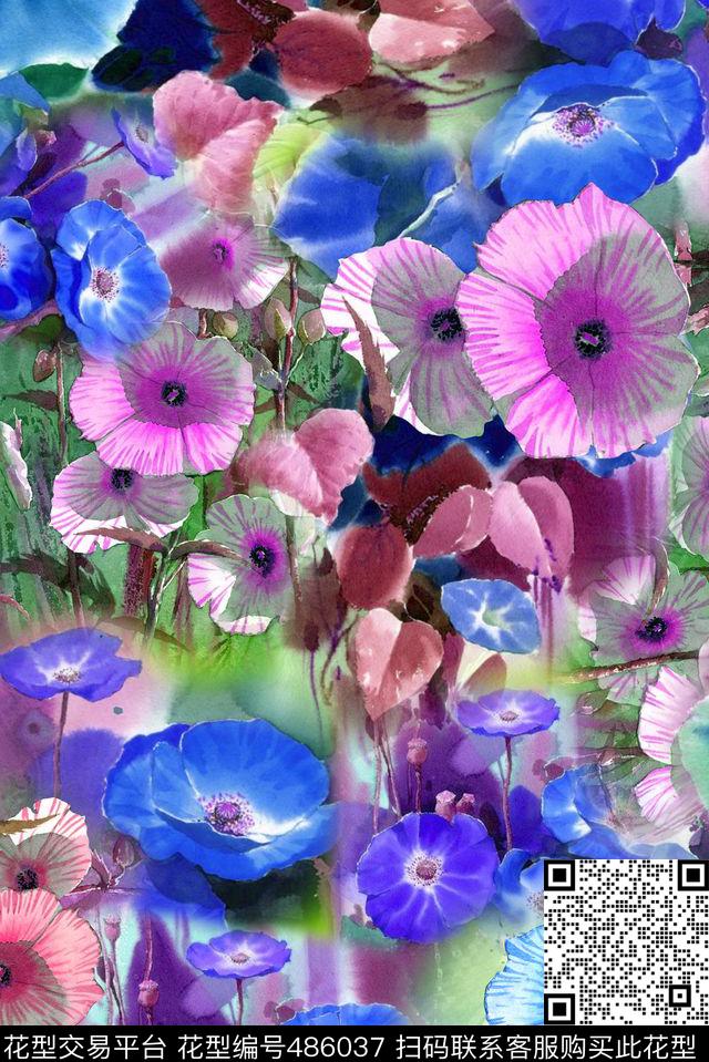 休闲手绘喇叭花手绘数码印花华亿平台下载（图片编号: 486037） - 瓦栏（Walan）