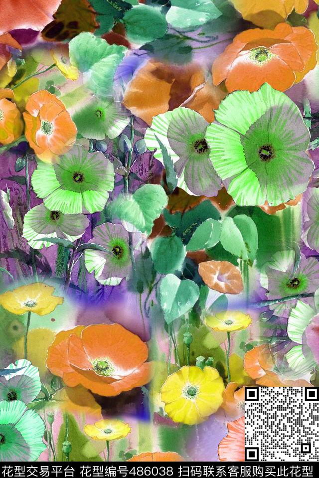 休闲手绘喇叭花手绘数码印花华亿平台下载（图片编号: 486038） - 瓦栏（Walan）