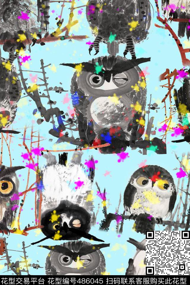 猫头鹰手绘个性写意手绘数码印花华亿平台下载（图片编号: 486045） - 瓦栏（Walan）