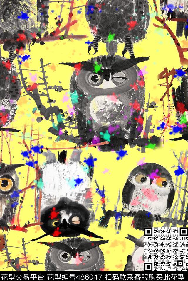 手绘个性写意猫头鹰手绘数码印花华亿平台下载（图片编号: 486047） - 瓦栏（Walan）