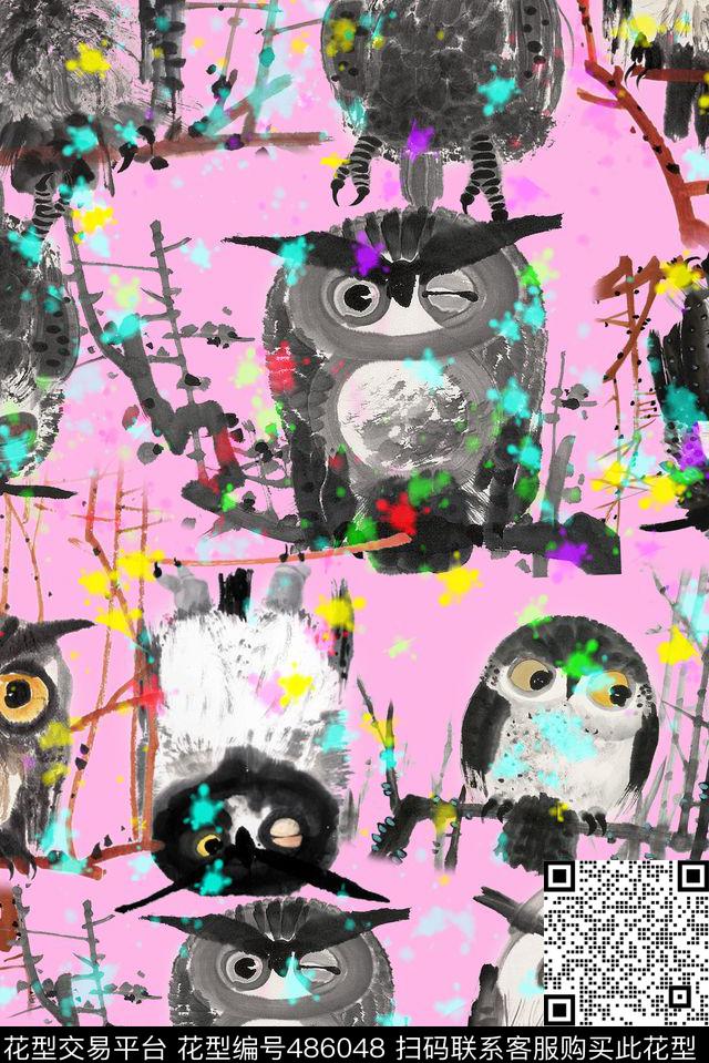 手绘个性写意猫头鹰手绘数码印花华亿平台下载（图片编号: 486048） - 瓦栏（Walan）