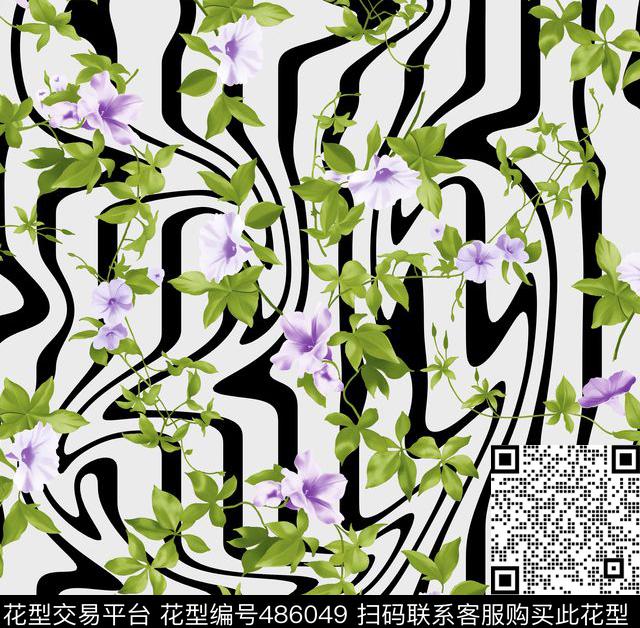 潮流时尚流动条纹手绘花卉数码印花华亿平台下载（图片编号: 486049） - 瓦栏（Walan）