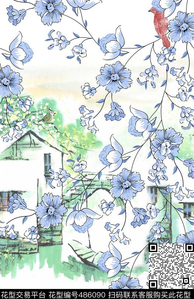 小花鸟中国风数码印花华亿平台下载（图片编号: 486090） - 瓦栏（Walan）