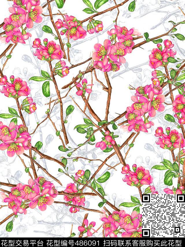 满花年轻时尚个性手绘梅花桃花数码印花华亿平台下载（图片编号: 486091） - 瓦栏（Walan）