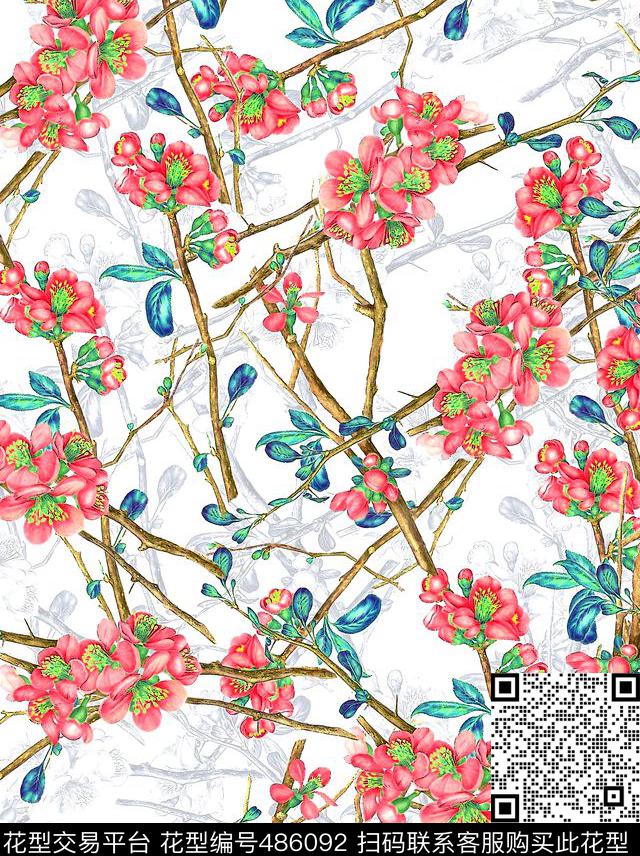 满花年轻时尚个性手绘梅花桃花数码印花华亿平台下载（图片编号: 486092） - 瓦栏（Walan）