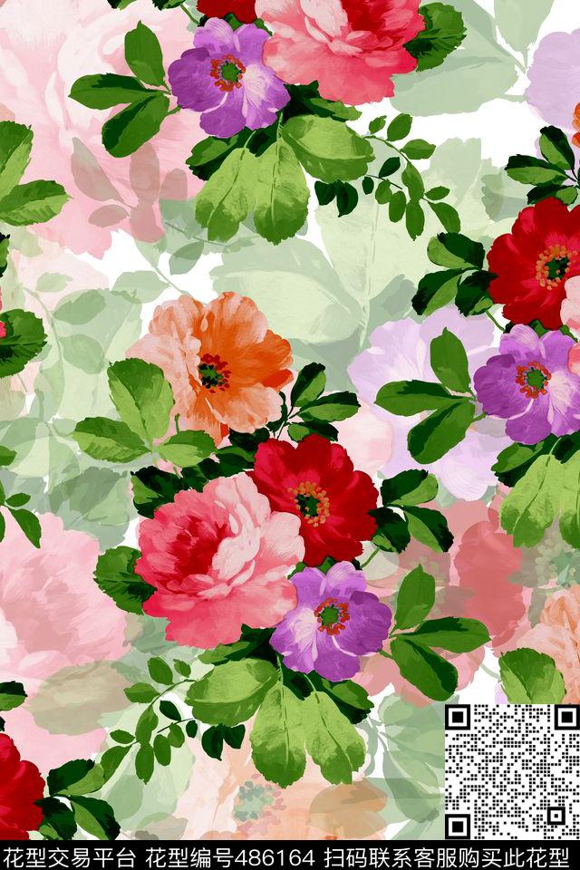 手绘花卉写实数码印花华亿平台下载（图片编号: 486164） - 瓦栏（Walan）