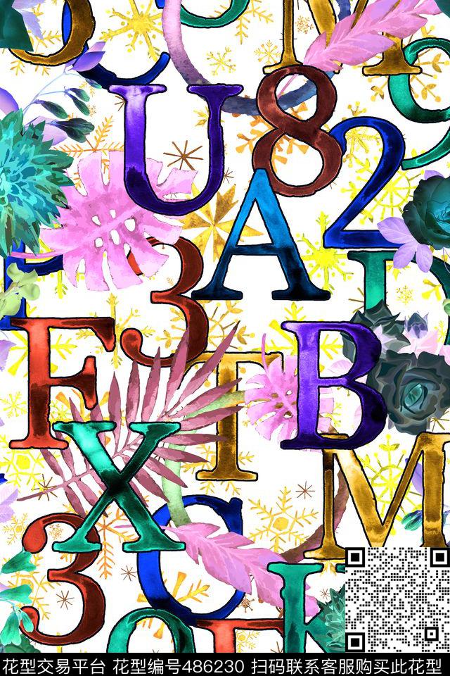 花卉字母水彩画数码印花华亿平台下载（图片编号: 486230） - 瓦栏（Walan）