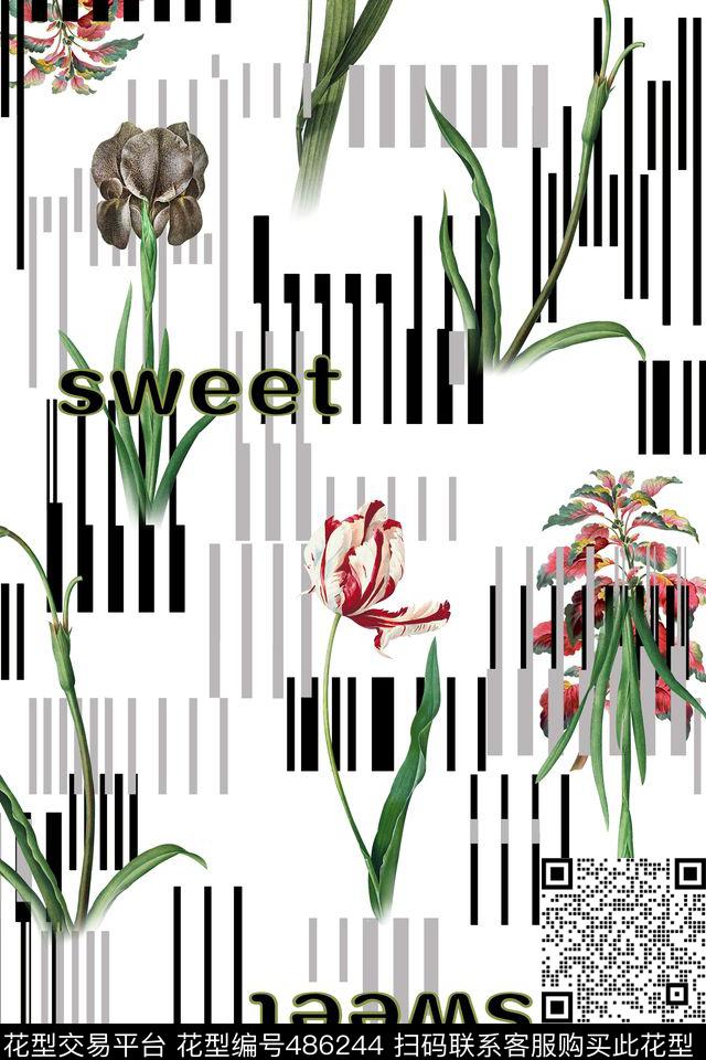 几何细线条黑白欧式花卉数码印花华亿平台下载（图片编号: 486244） - 瓦栏（Walan）