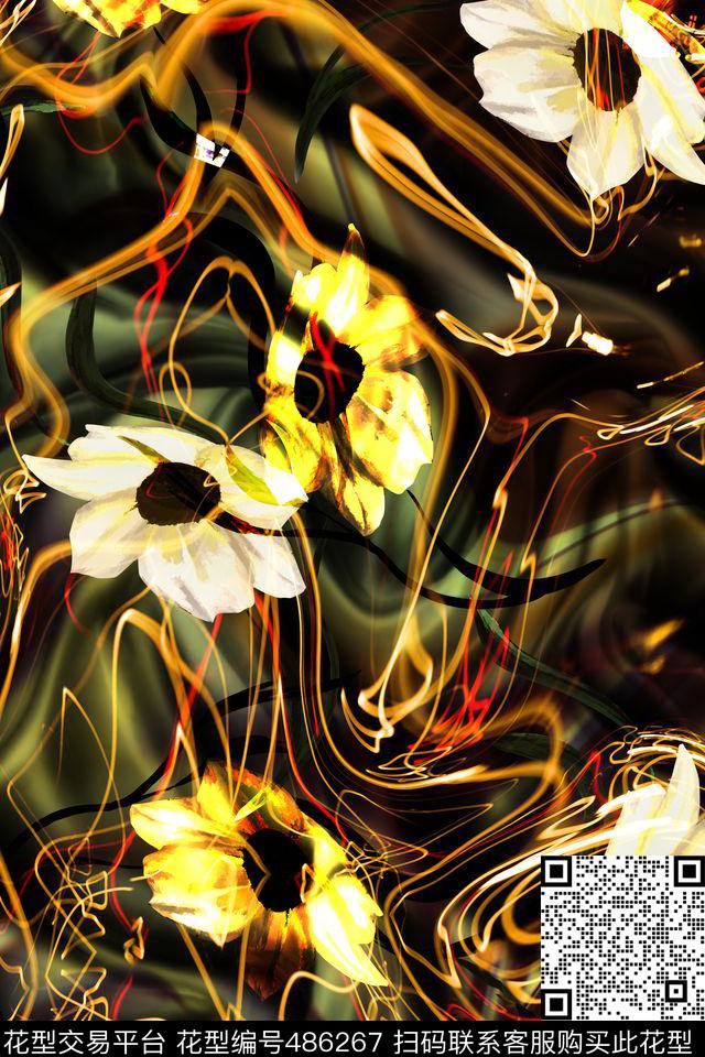 褶皱背景流动光线手绘花卉数码印花华亿平台下载（图片编号: 486267） - 瓦栏（Walan）